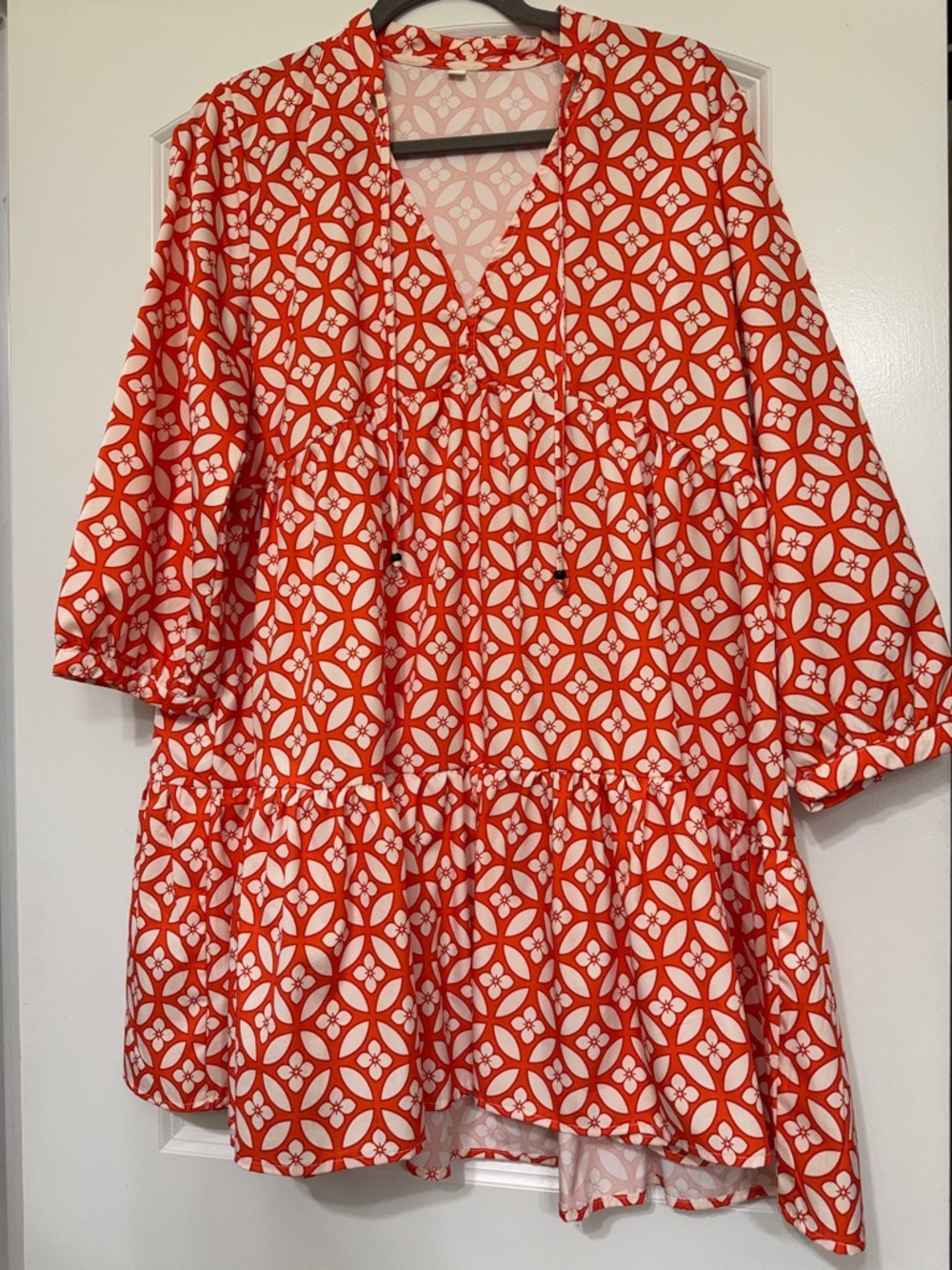 Orange and White Geometric Tiered Tunic Dress